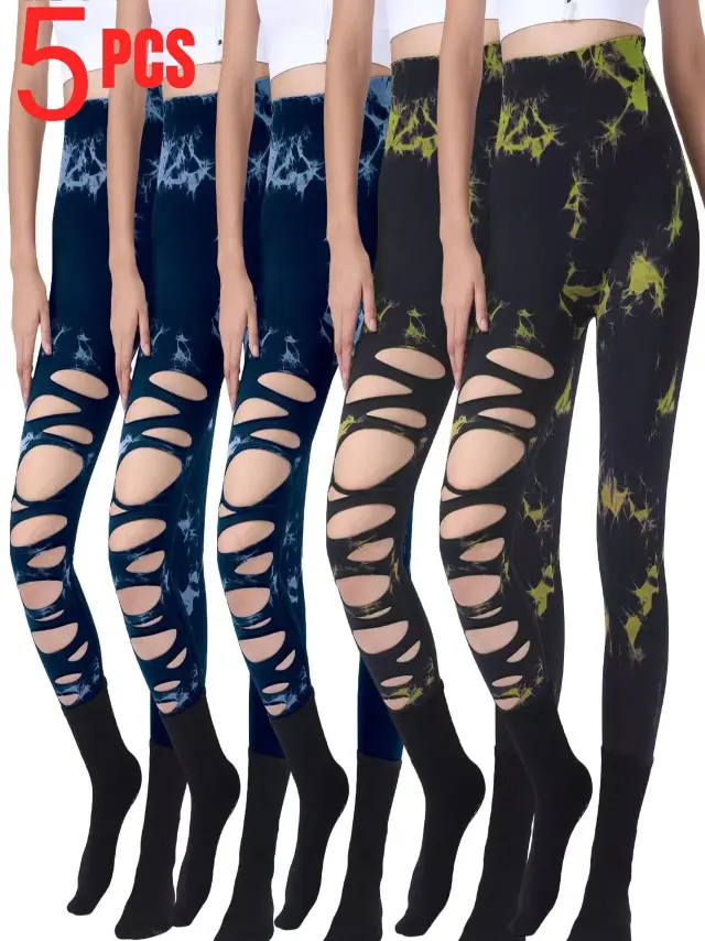 5 Pack Fashion Women Sports Yoga High Waist Tie Dye Print Ripped Hollow Leggings Pants 3Blu 2Lgn - Shop at LoveMi