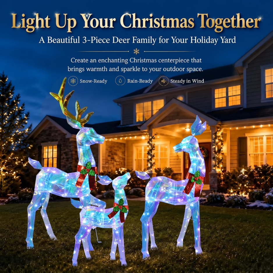 48 INCH  3 Piece 2.5D Colorful Lighted Christmas Deer Family Outdoor Decorations, Clear-Look Reindeer Set With 145 Lights, Gold Antlers, Stakes And Zip Ties For Yard Lawn Porch Garden Holiday Decor 4
