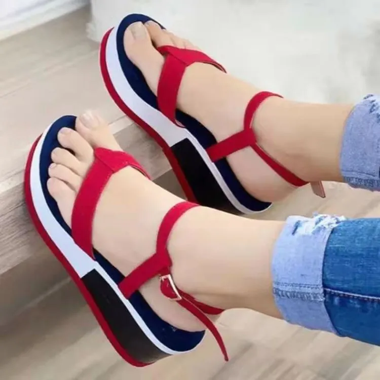Solid Color Wedge Heel Side Hollow Back Hollow Round Toe Sandals Women's Shoes - Red