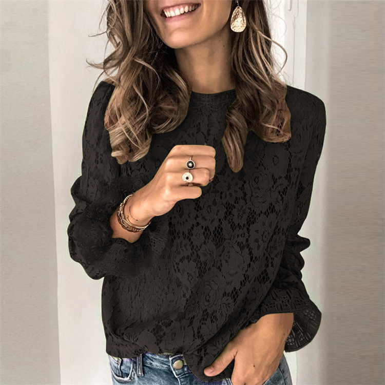 Women's long-sleeve hollow lace splicing top in Green – street style top with lace and hollow cutout detail, front view