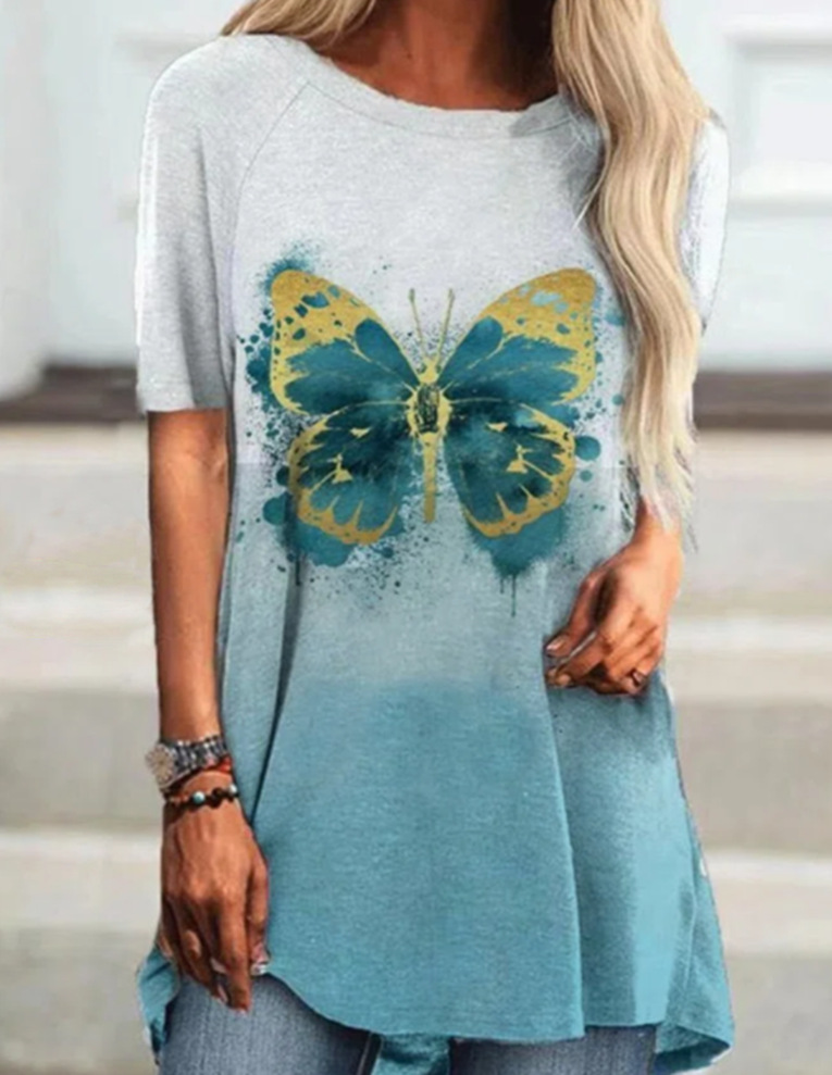 Title 2, Round Neck Casual Butterfly Print Short-Sleeved...