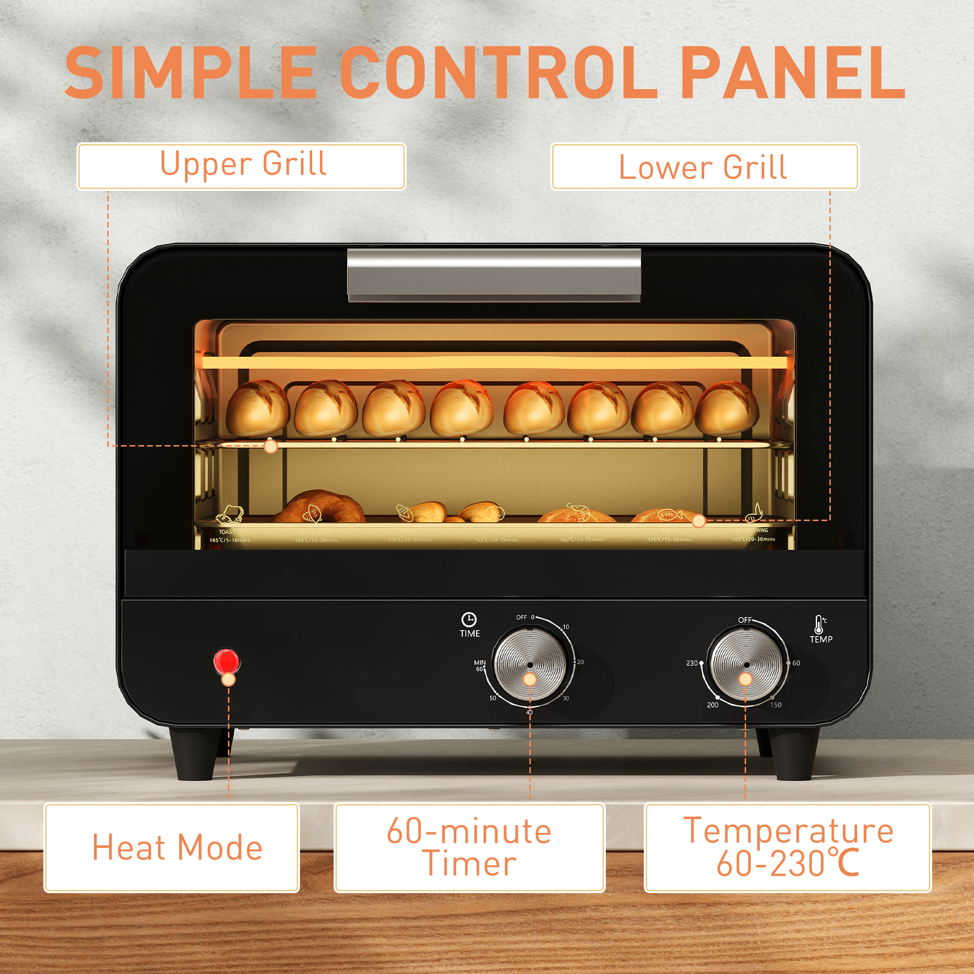 Small Toaster Oven, 12L Multifunction Mini Countertop Oven With Glass Door, Adjustable Temperature And Timer, Black