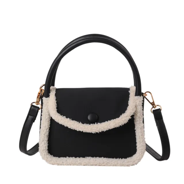 Fashion Lamb Plush Handbag One Shoulder Diagonal Saddle Bag Black - Shop at LoveMi