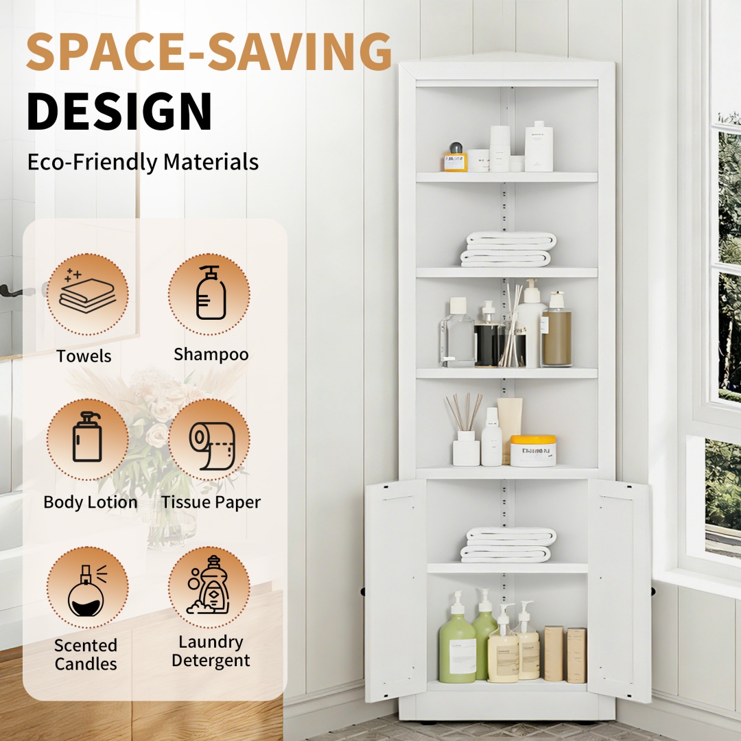 71in Tall Corner Storage Cabinet With 2 Doors, 5-Tier Metal Cabinet With Adjustable Shelves, Freestanding Kitchen Storage For Pantry, Living Room, Bathroom, Laundry Room, Space Saving Furniture, White
