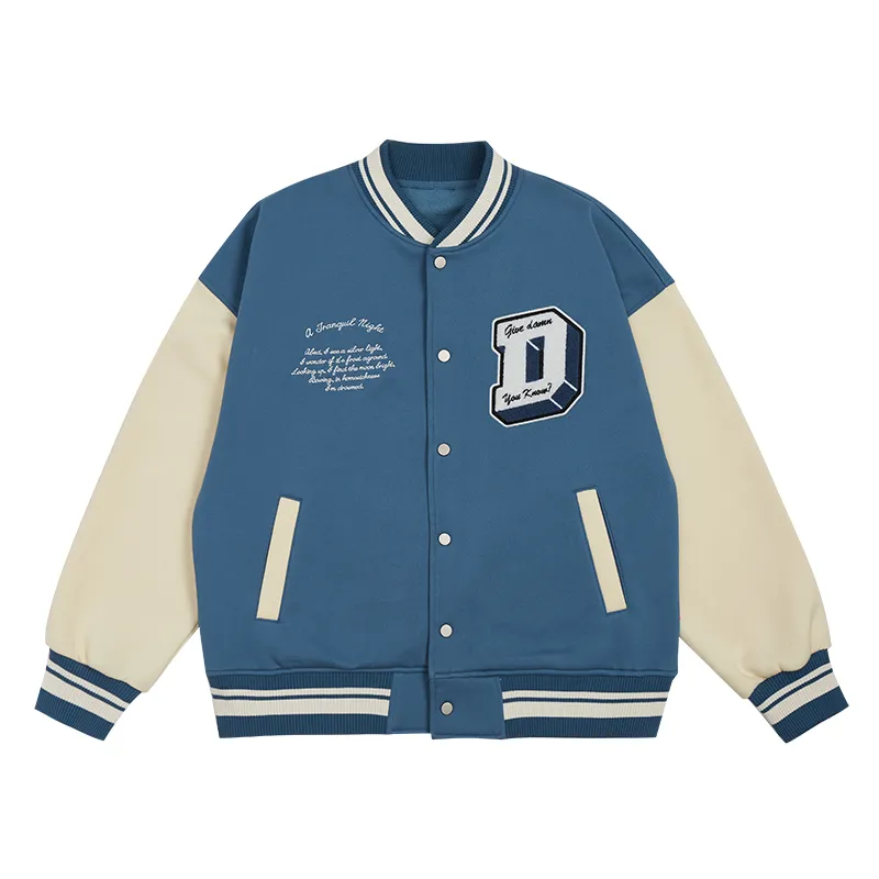 Men's And Women's Retro Letter Embroidered Baseball Jacket - Blue