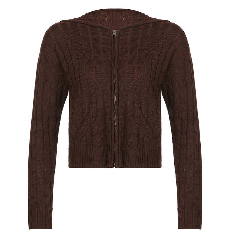 Autumn Solid Color Twist Zipper Loose Casual Hooded Knitted Jacket