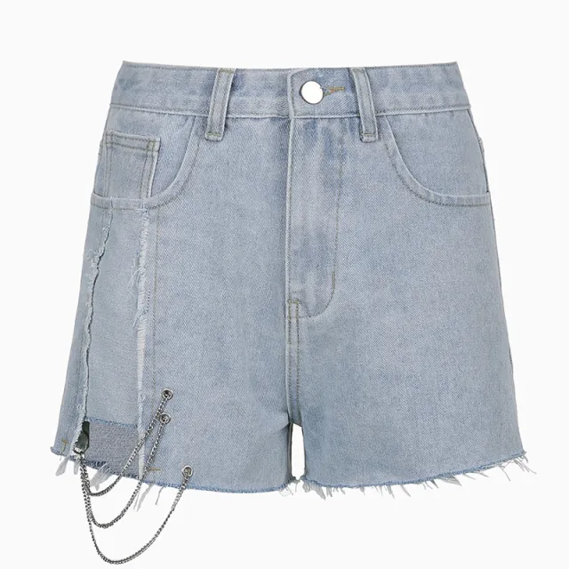 Women's Chain Raw Edge Washed Denim High Waist Wide Leg Shorts Light Blue - Shop at LoveMi