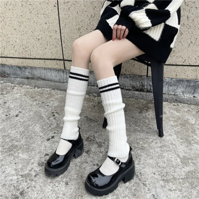 Wool Knitted Socks Leg Cover Pile Pile Socks Calf Socks Women's Mid tube Socks Two Bars White - Shop at LoveMi