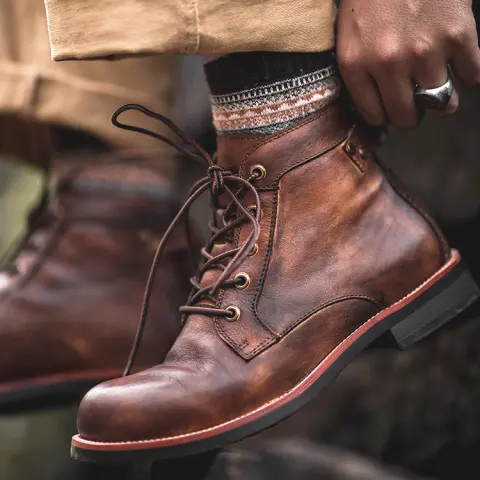 Retro Boots Men Lace-up Leather Ankle Low Heel Motorcycle