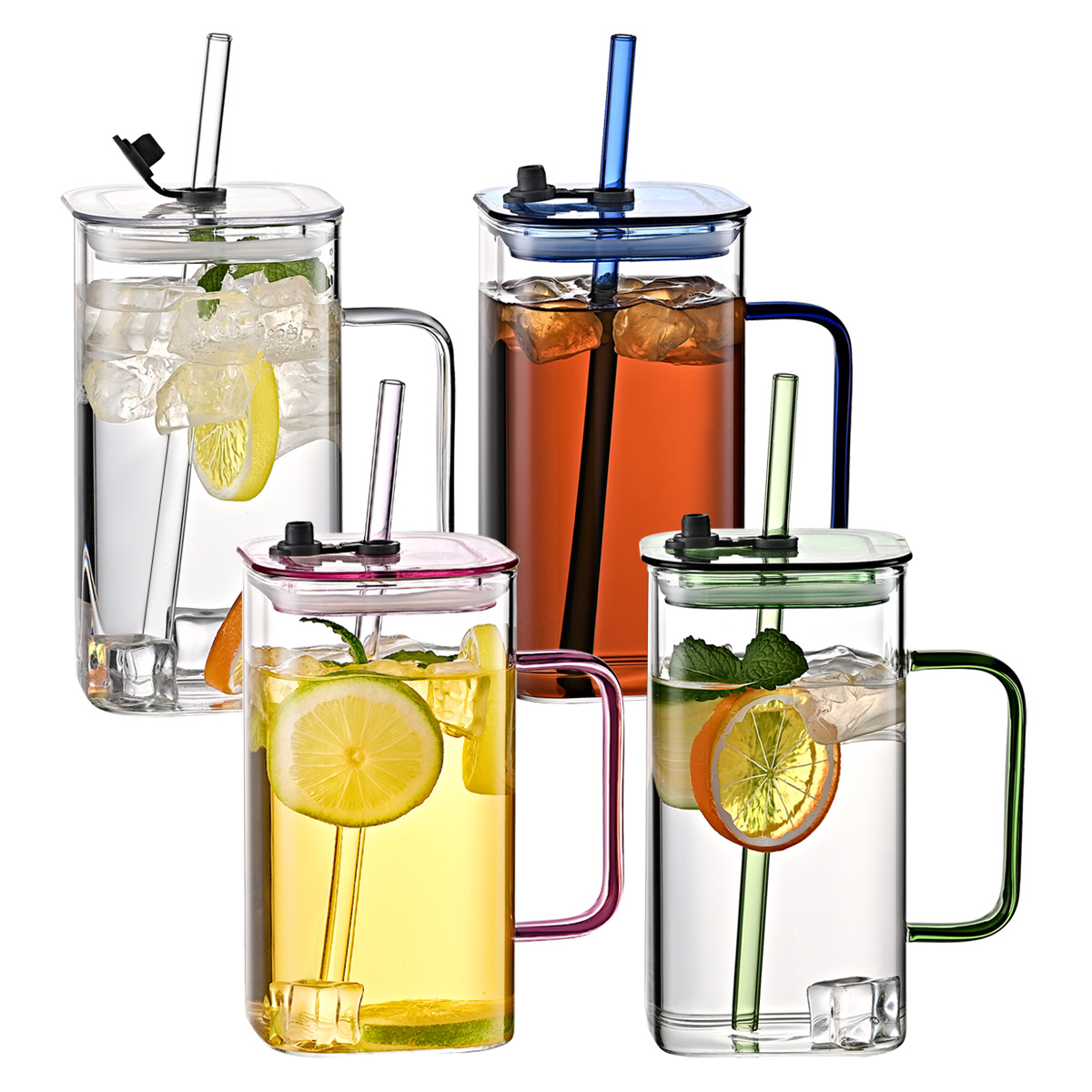1 Pcs Transparent Glass Straw Cup, 4 Colors Square Glass Cup With Straw And Lid, High Borosilicate Glass Cup, Milk Cup, Juice Cup, Cold Drink Cup, Coffee Cup, Tea Cup, Office Cup, Gift Cup