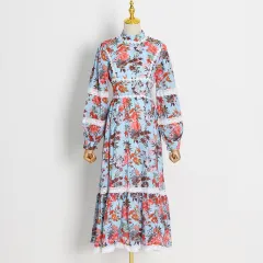 Tie-Dye Print Stand Collar Single-Breasted Balloon Sleeve Slim Fit Dress - Blue - View 1