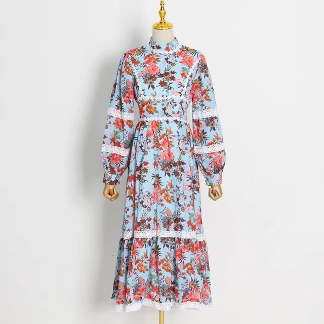 Tie Dye Print Stand Collar Single Breasted Balloon Sleeve Slim Fit Dress Blue - Shop at LoveMi