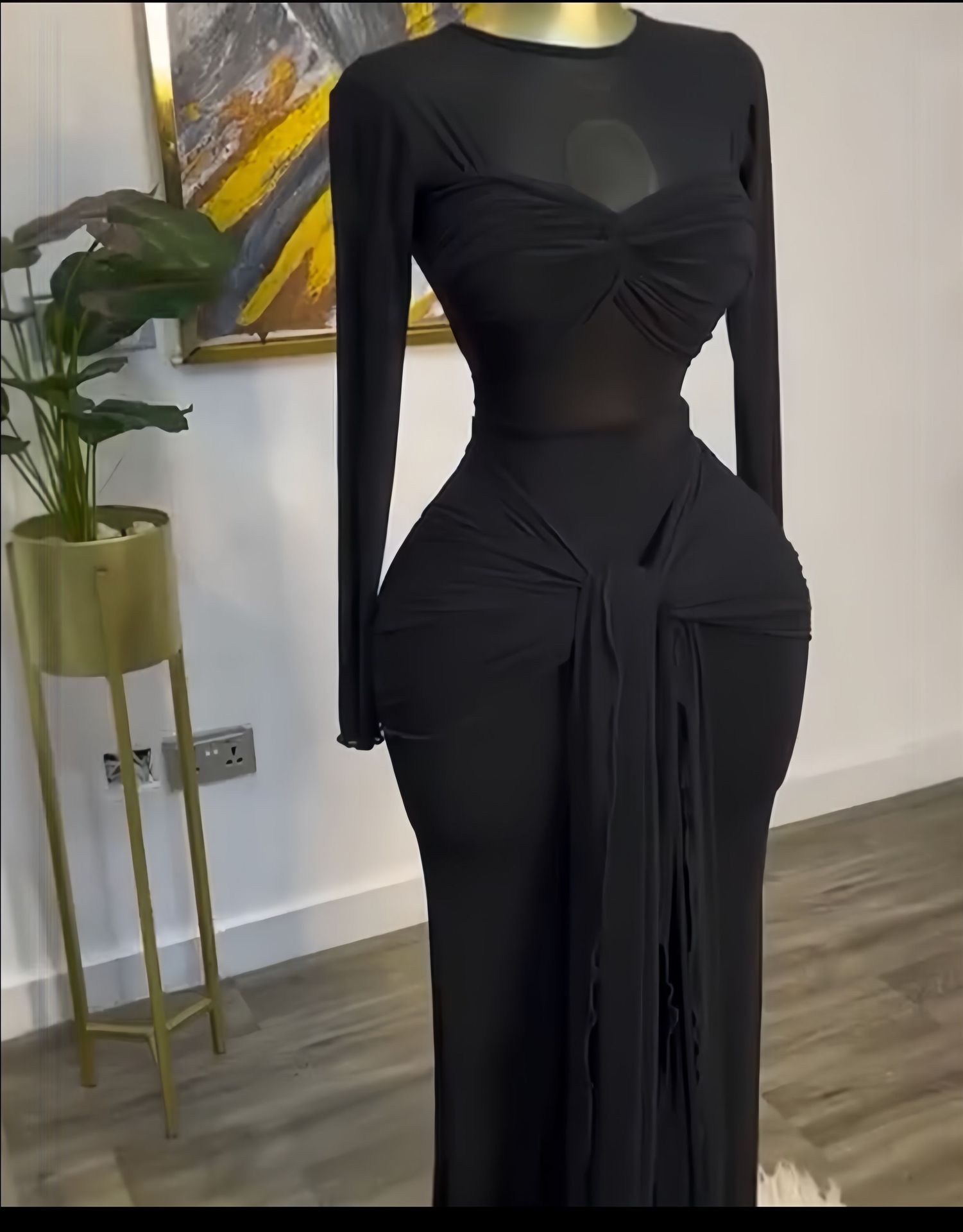 Women's Mesh Cutout Bodycon Maxi Dress, Long Sleeve Party Evening Gown