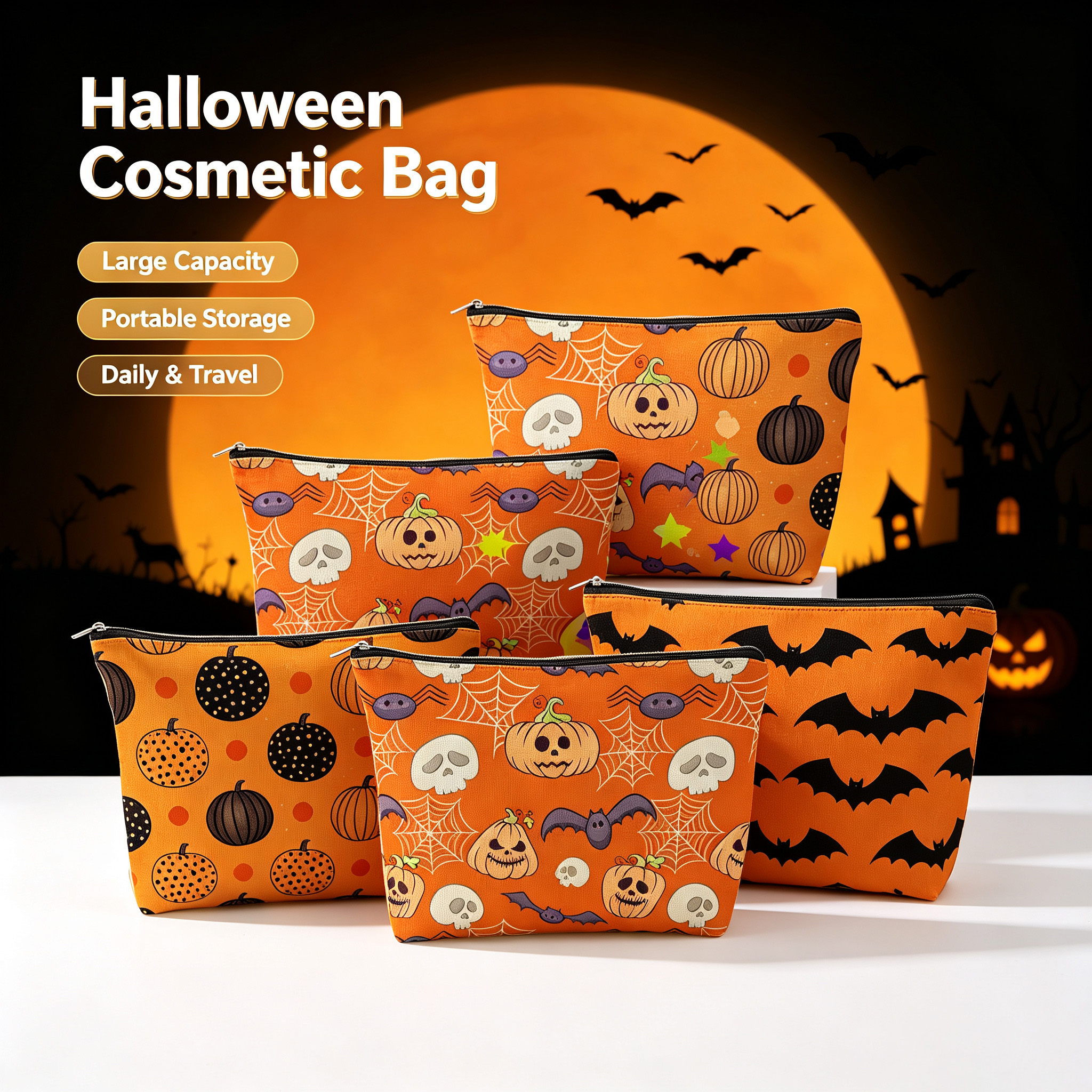 Halloween Decor Cosmetic Bag Large Capacity Travel Toiletry Bag Portable Storage Pouch For Skincare