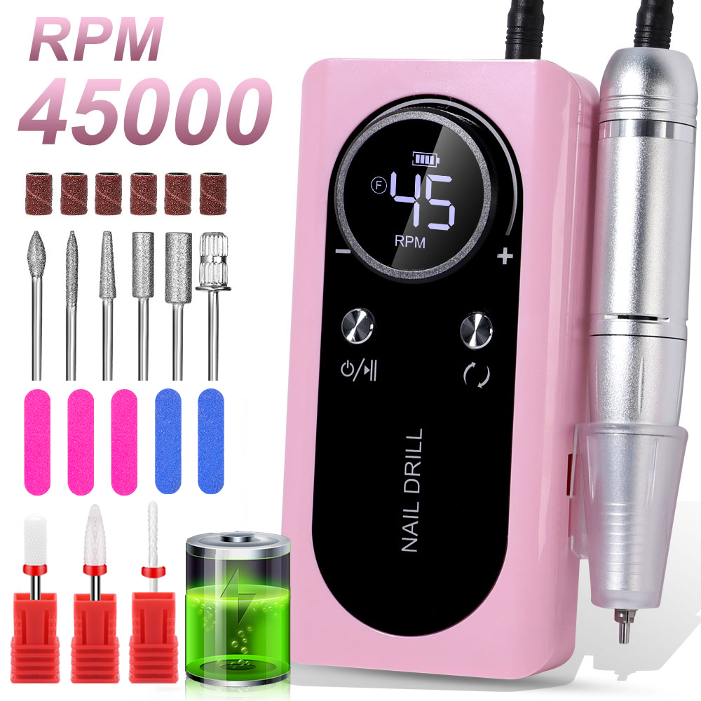 Professional Electric Nail Drill Machine, 45000RPM Rechargeable E-File Nail Drill Cordless, Electric Nail File Kit, Portable Electronic Grinder, Suitable For Nail Polish And Glue Nail Polish Polishing 9