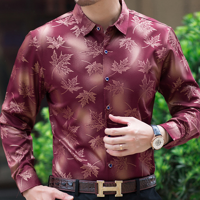 New Men's Fashion Maple Leaf Print Casual Slim Long-Sleeved Shirt