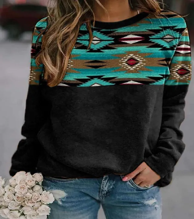 Retro Western Ethnic Geometric Print Ladies Sweatshirt 4 Style 3Xl - Shop at LoveMi