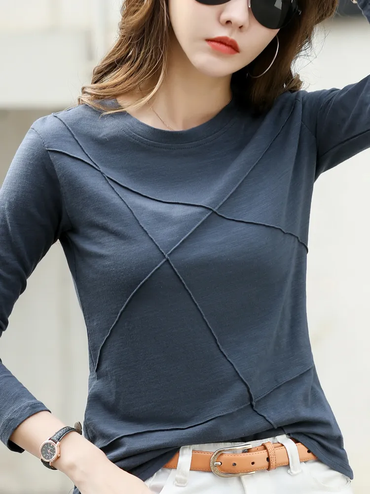 Green Cotton Long-sleeved T-shirt Women Loose Plus Size - Blue