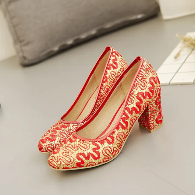 Cheongsam Low Top Round Toe Chunky High Heels Red - Shop at LoveMi