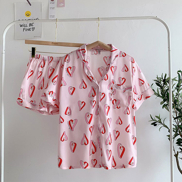 طقم بيجاما نسائي بأكمام قصيرة من حرير الساتان冰