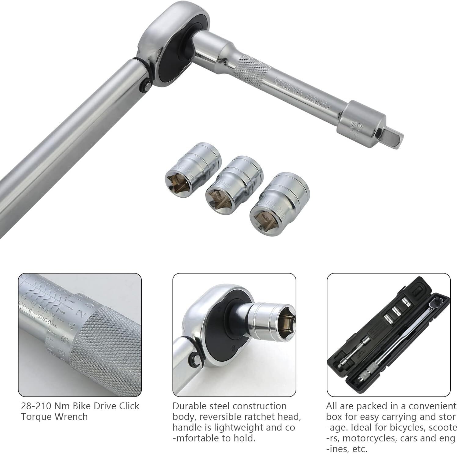 1 2 Inch Ratcheting Torque Wrench 28-210Nm With 17 19 21mm Drive Socket — foto 3