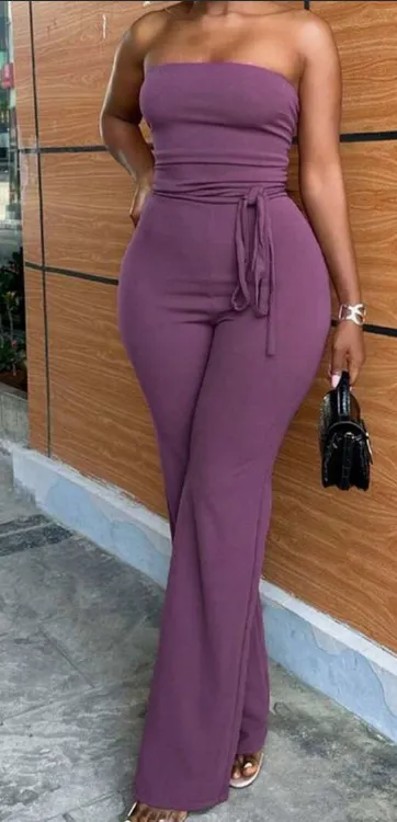 Casual Solid Wine Red Strapless Jumpsuit With Wide Leg For Women E Purple - Shop at LoveMi