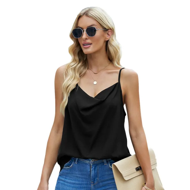 Top Loose V neck Chiffon Tank Top Women Black - Shop at LoveMi