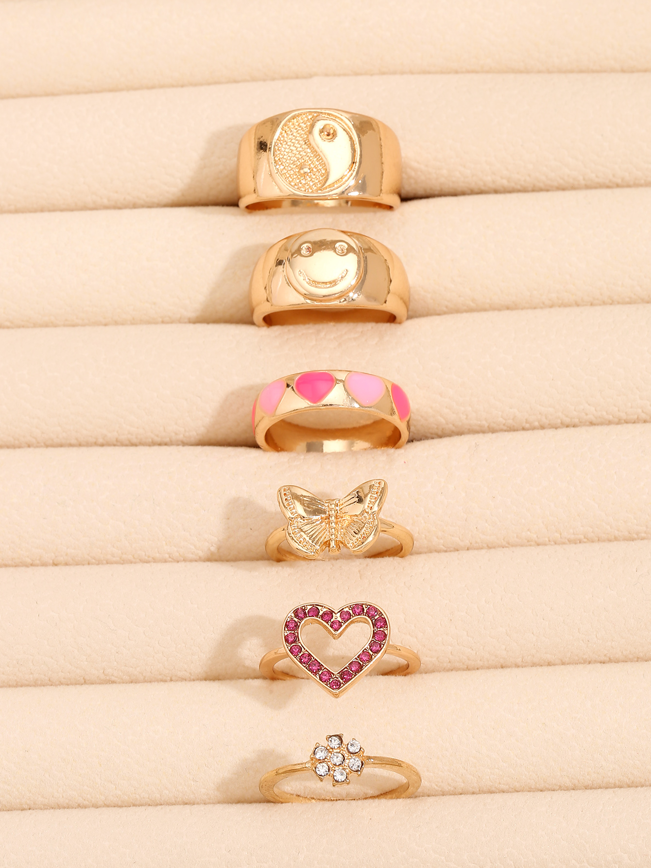 European And American Fashion Personality Combination Love Butterfly Smiley Ring Gold