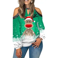 Printed Sexy Off-the-shoulder Plus Size Blouse Lantern Sleeve T - Green - View 1