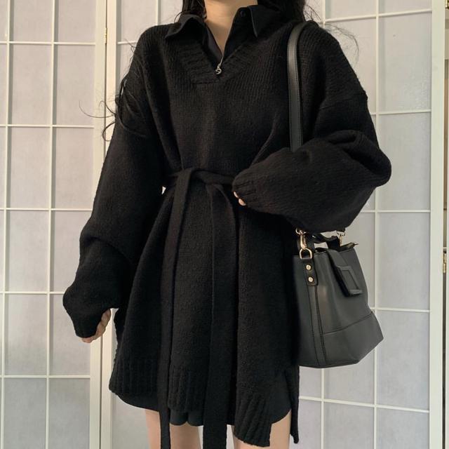 Loose Mid-length V-neck Outer Sweater One-piece Suit New Women's Long-sleeved Sweater Pullover Top