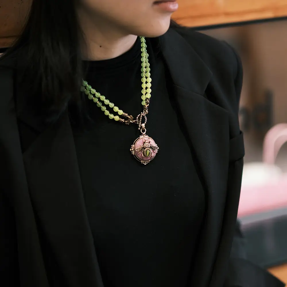 Vintage Natural Agate Chartreuse Beaded Necklace