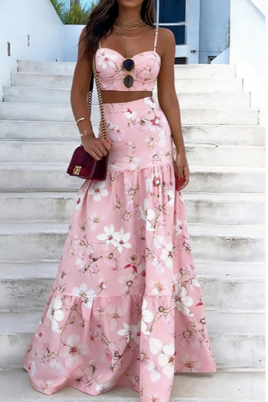 French Romantic Style Floral Print Camisole Crop Top And High-waisted Maxi Skirt Set For Women
