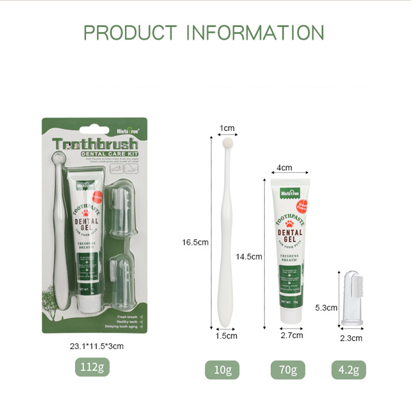 Pet Oral Hygiene Kit with Brushes, Toothpaste, and Flavors including a dual-sided toothbrush, long handle design, soft bristles, fingerbrush, and poultry-flavored toothpaste.