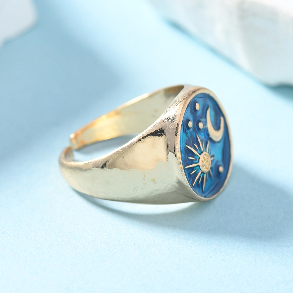 1 Piece Zinc Alloy Sun Moon Star Ring, Blue Enamel Adjustable Open Ring For Women, Trendy Celestial Jewelry