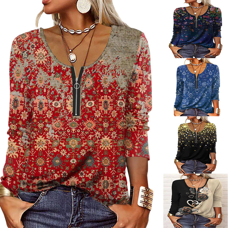 Women's Graceful And Fashionable Long Sleeve Zip Ethnic T-shirt
