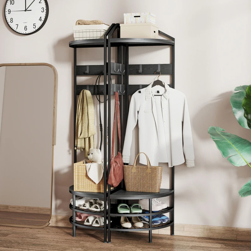 Corner Hall Tree, Industrial 4-Tier Coat Rack With Shoe Storage, 8 Movable Hooks And 2 Shelves For Hallway, Black