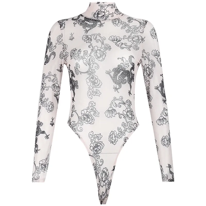 Women's See-through Gauze Screen Printing Bottoming Jumpsuit - Flesh Color-L