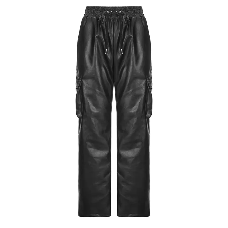 Street Pocket Tooling Leather Straight Leg Pants Elastic Waist Wide Punk Texture