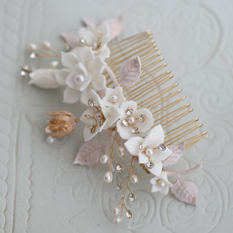 Ceramic Flower White Complex Rhinestone Hair Comb