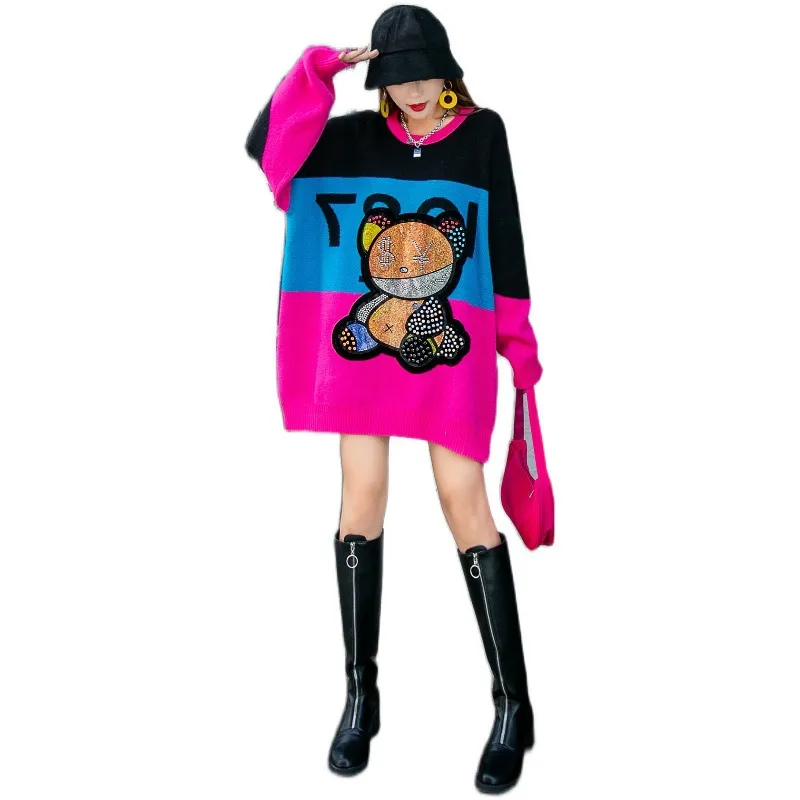 Nail Diamond Hot Rhinestone Bear Sweater Women Striped Loose Large Size Knitting - Blue