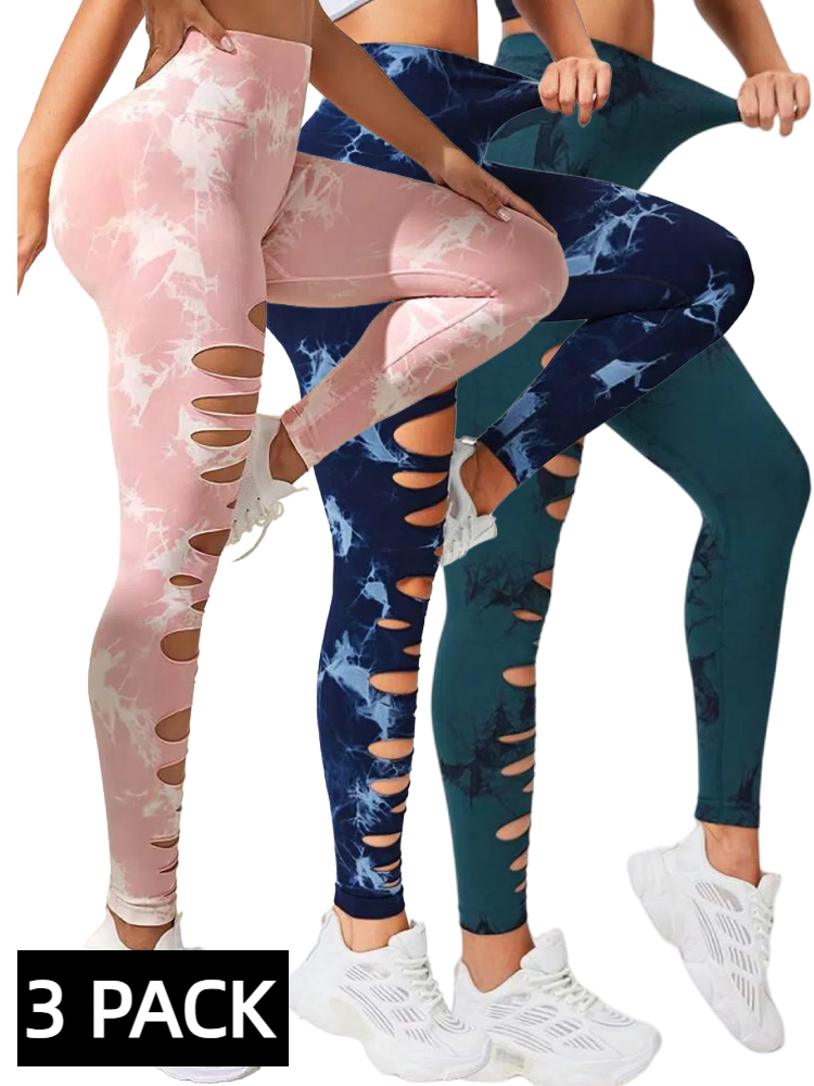 3 PACK Butt Lifting Yoga Gym Athletic Pants, Hollow Out Tummy Control Sports Leggings Tie Dye Running Pants - Image 7
