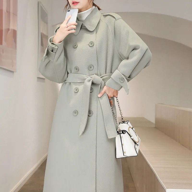 Women's Cashmere Mid-length Over-the-knee Straight High-end Woolen Coat - Avocado Green