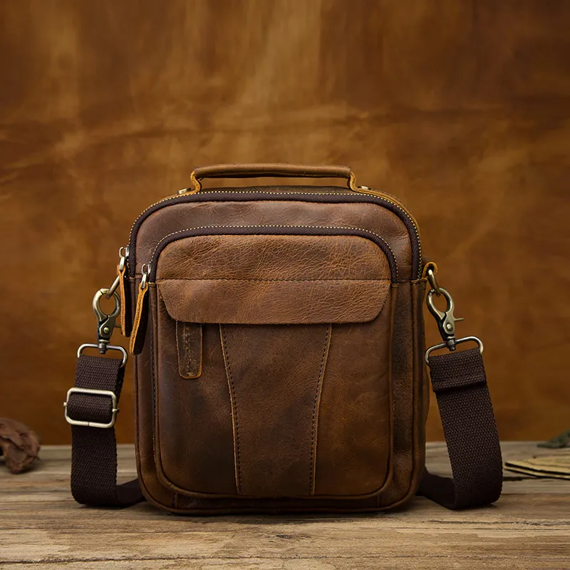 Crazy Horse Leather Retro Men's 8-inch One-shoulder Diagonal Bag - Deep Crazy Horse