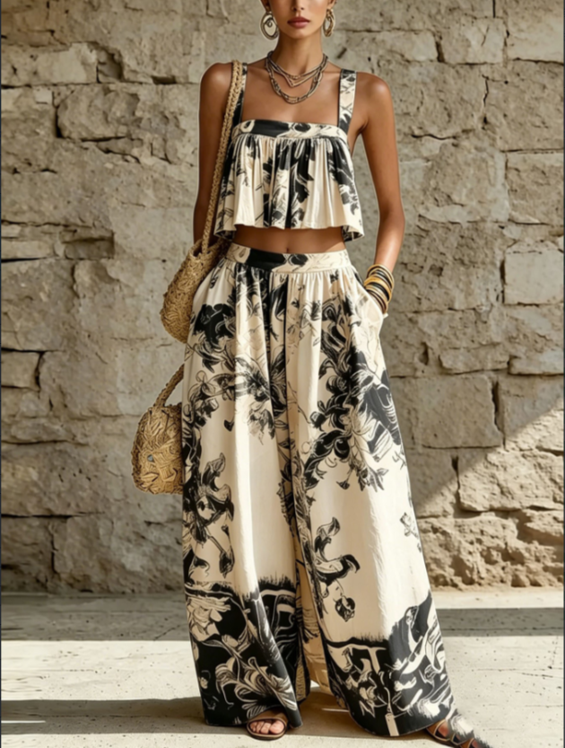 Black & Beige Abstract Floral Print 2-Piece Crop Top & Wide Leg Pants Set