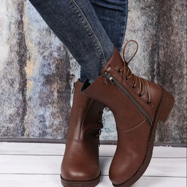 Women's New European And American Style Retro Lace up Rivet Thick Heel Women's Boots Brown - Shop at LoveMi