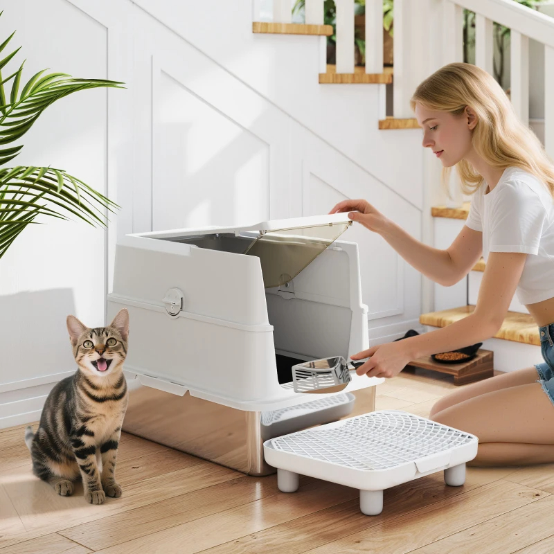 Extra Large Stainless Steel Cat Litter Box For Big Cats With Flip Cover, High-Sided Enclosure & Scoop