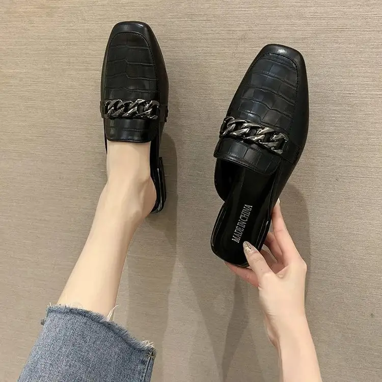 Metal Chain Decorative Square Toe Half Slippers