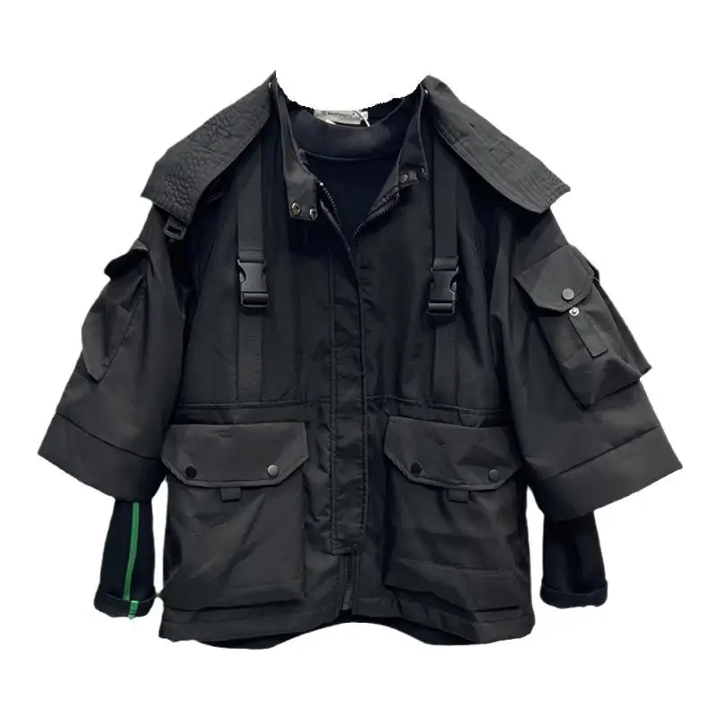 Men's Dark Black Hooded Jacket Loose