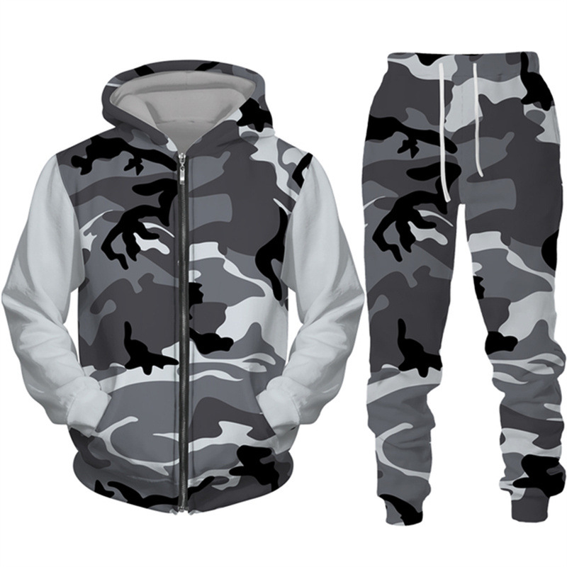 Men's Camouflage Print Zipper Hoodie Pants Set