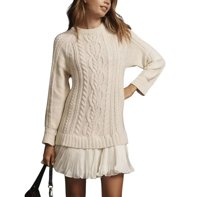 Women's Solid Color Cable Knit Sweater With Lace Hem, Round Neck Long Sleeve Top For Autumn And Winter White - Shop at LoveMi